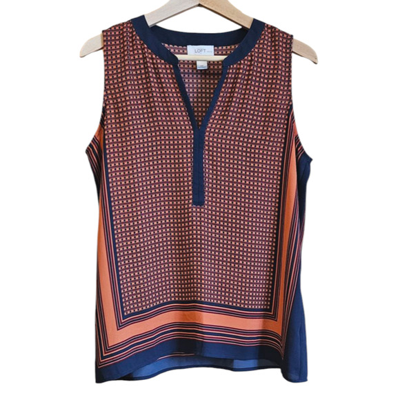 Ann Taylor Loft Geometric Classy Tank Top Navy Burnt Orange Women Petite Medium - Picture 1 of 7